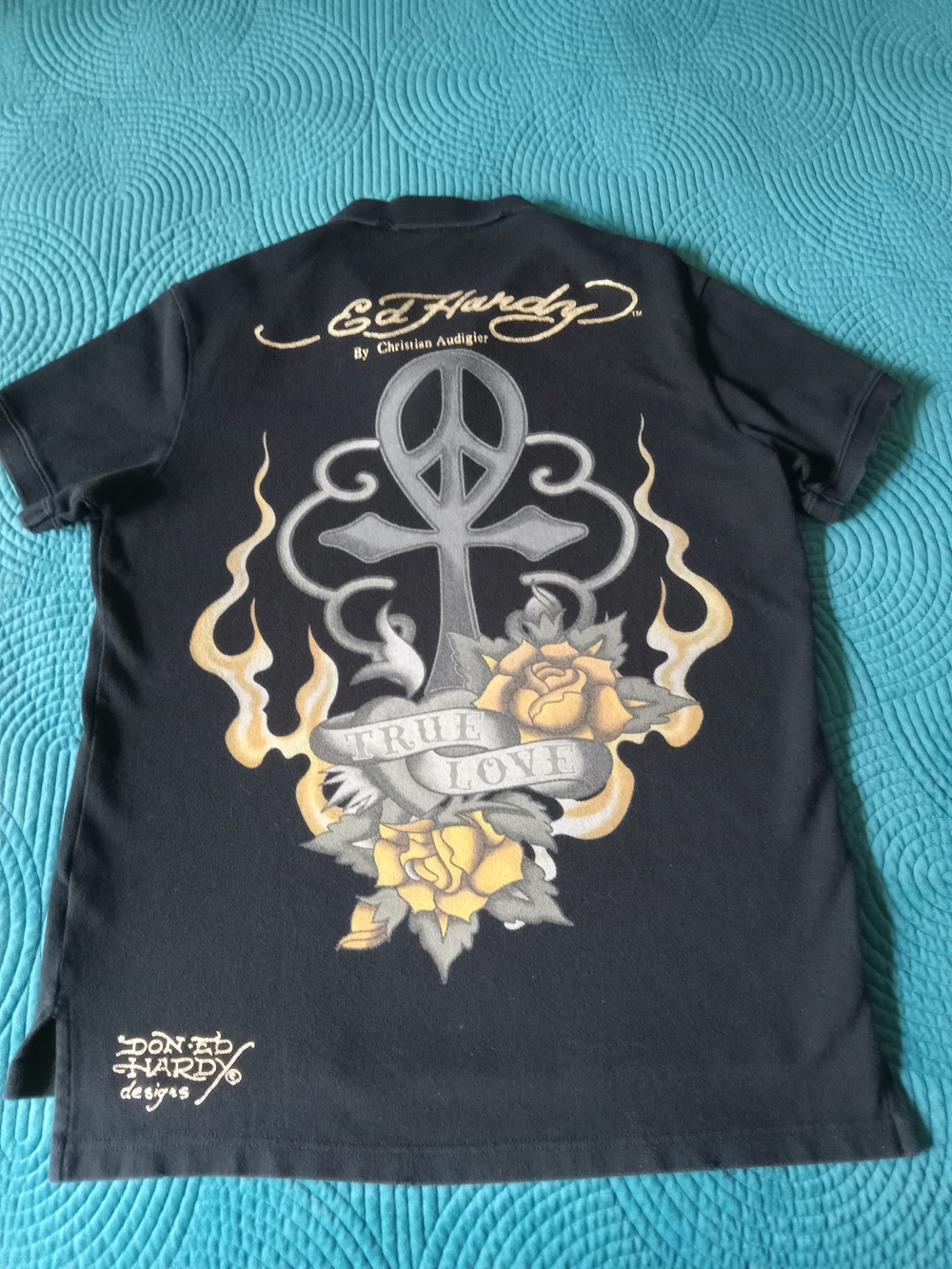 Ed Hardy Black Polo Dagger True Love Tattoo Graphic & Gold Script